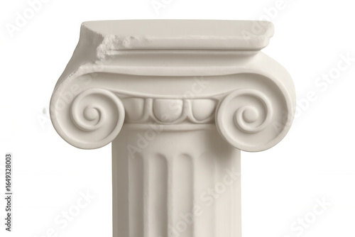Damaged ionic column capital with volute scrolls, showcasing architectural detail against transparent background, close-up view