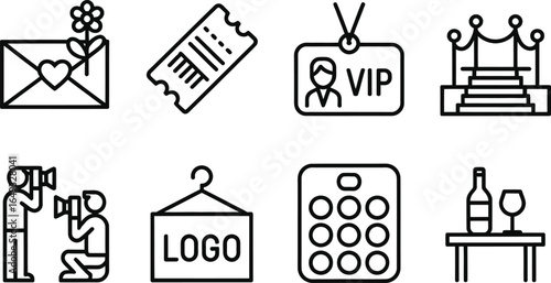 Black Line Art Icons of Envelope, Ticket, VIP Pass, Stage, Paparazzi, & Logo Hanger