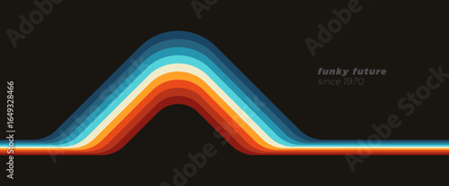 A rounded, 1980s-inspired abstract design with bold, flowing curves and vibrant, multi-colored lines in a retro palette. Vector illustration.	