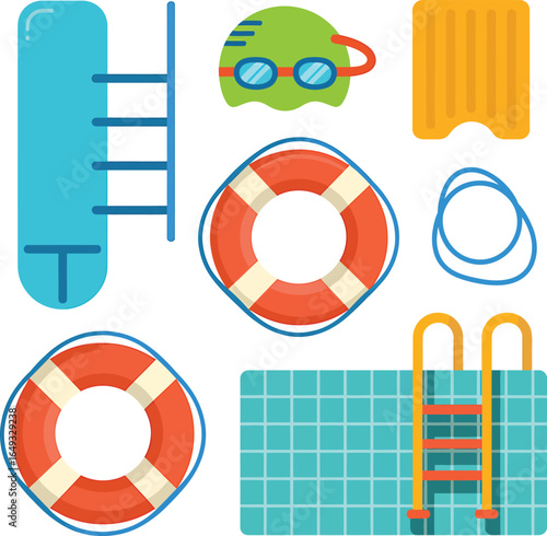Swimming pool accessories set with life rings goggles cap ladder and kickboard, swim training gear vector illustration