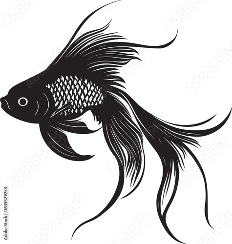Goldfish in repose body stationary in the water, fins relaxed, and tail softly curled in a complete silhouette illustration.