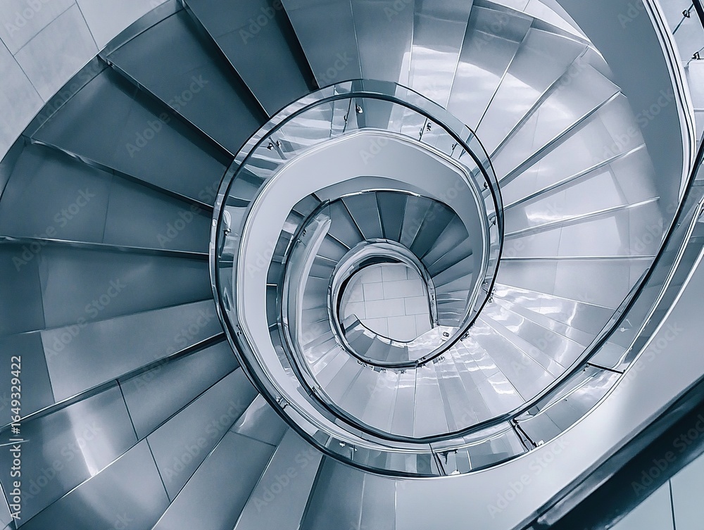 Fototapeta premium An aerial shot of a spiral staircase in a modern building, looking straight down to create a hypnotic geometric pattern.