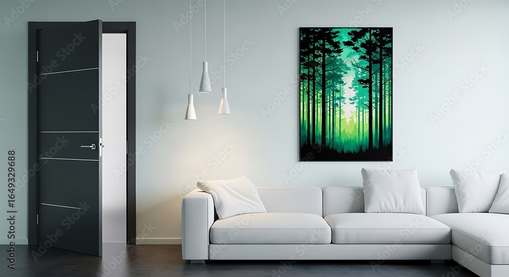 Fototapeta premium Modern Living Room with Open Door, White Sofa, and Forest Artwork interior sectional sofa