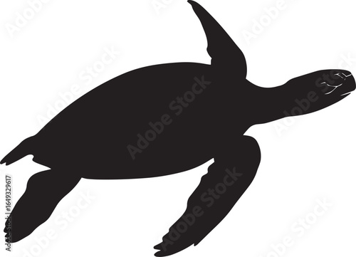 Turtle Diving Body angled downward, legs extended, and head submerged in water. full length silhouette black vector illustration
