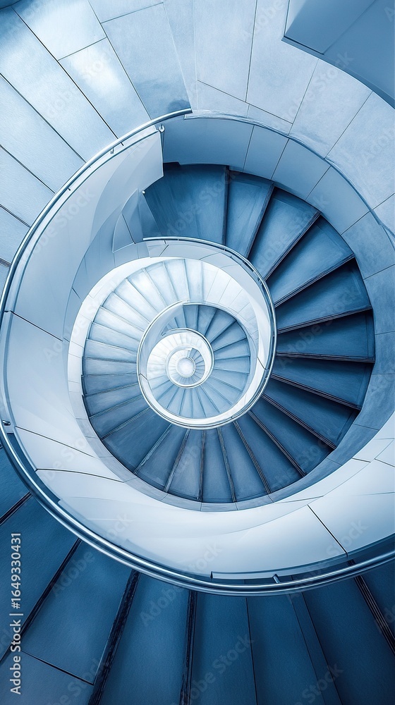 Fototapeta premium An aerial shot of a spiral staircase in a modern building, looking straight down to create a hypnotic geometric pattern.