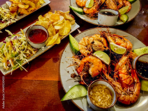 Exotic prawn festival feast, sizzling seafood medley, tangy lime zest, Panamanian Carnival, culinary bonanza, flavor exploration journey