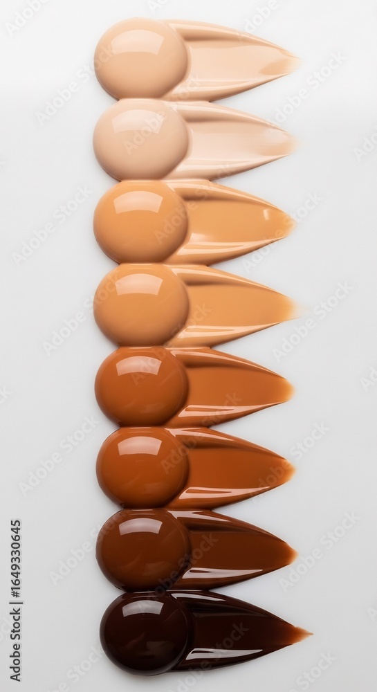 A vertical array of foundation swatches showing a range of skin tones, isolated on white background A vertical array of foundation swatches showing a range of skin tones, isolated on white background