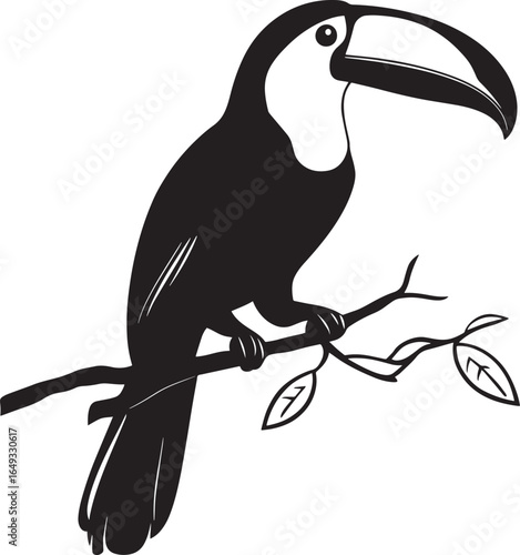 Toucan Perching Body upright sitting on a branch large beak slightly tilted. full length silhouette black vector illustration