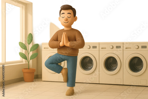 Adobe Illustrator ArtwA clay-style character practices yoga in a laundry room, standing in a tree pose near washing machines and a potted plant.ork