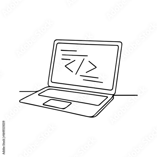 Continuous Line Drawing of Laptop with Coding Symbols – Minimalist Programming Illustration