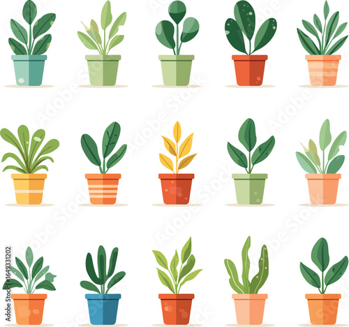 Grid of small houseplants in pastel pots, minimalist indoor plant collection vector illustration