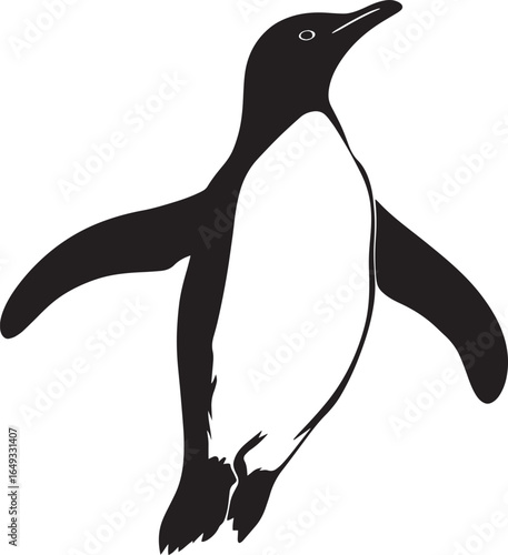 Penguin Flapping Wings extended in a flapping motion as it moves on land or water. full length silhouette black vector illustration
