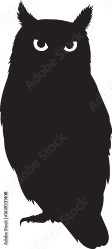 Owl Turning Head Head turned almost fully backward body still tail relaxed. full length silhouette black vector illustration