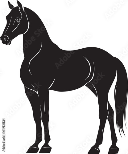 Horse Standing Head held high body upright legs straight tail hanging loosely. full length silhouette black vector illustration