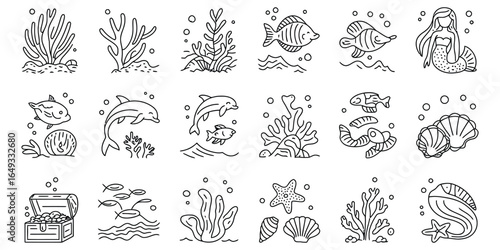 Cute Line Art Ocean Collection: Dolphins, Mermaid, Fish, Coral, Treasure Chest, Seashells, Starfish.
