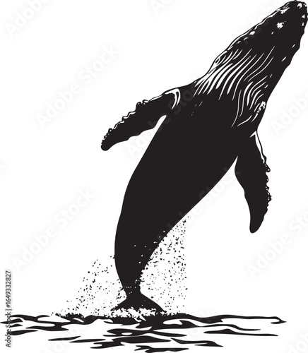 Whale Breaching Leaping partially out of the water, body arched, tail elevated. full length silhouette black vector illustration