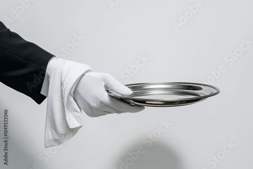A waiter's hand, in white glove, holding a silver platter