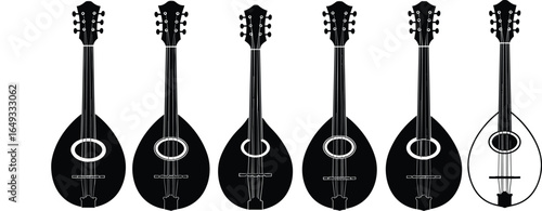 Mandolin silhouette collection, traditional string instrument set, black and white vector illustration
