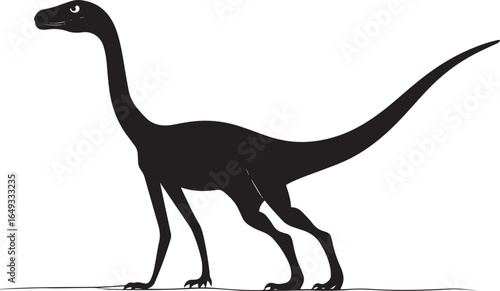 Coelophysis A sleek, nimble bipedal dinosaur featuring a long tail, small head, and lightweight frame, full-length black silhouette vector illustration.