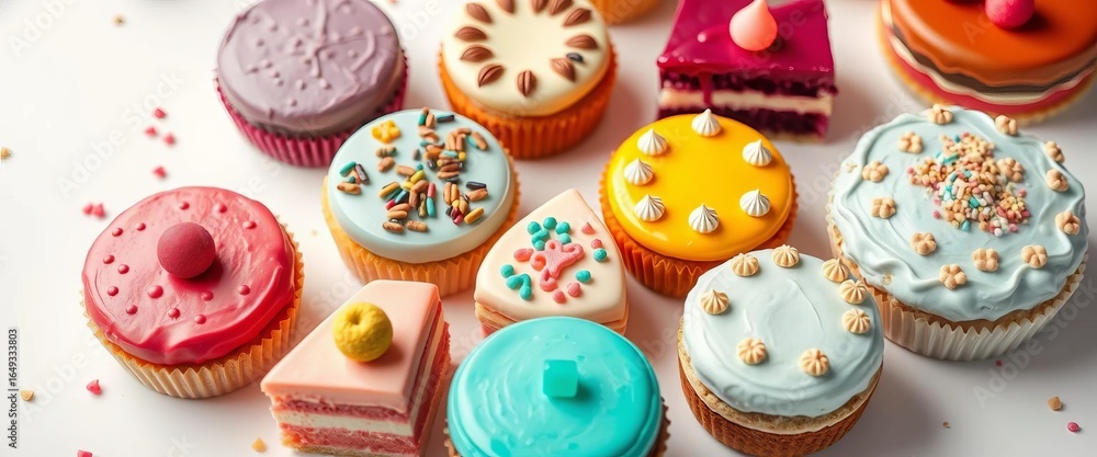 Fototapeta premium Assorted colorful cakes on a white background, scrumptious, desserts