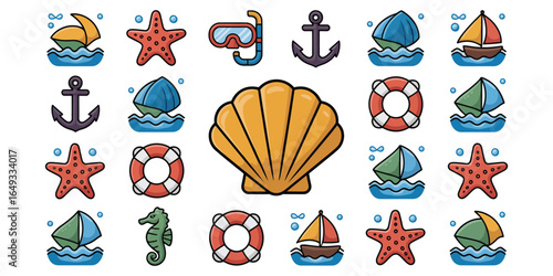 Cheerful Cartoon Summer Nautical Icons: Boats, Starfish, Anchors, Life Preservers, Seashells