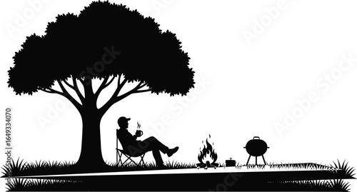 Man relaxing under tree camping with coffee, campfire, barbecue and nature scene