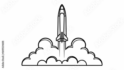 Single Line Rocket Launch Spacecraft Ascending Through Clouds