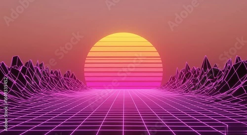 Retro-futuristic sunset with neon grid foreground and pink-orange gradient sky, generative ai
