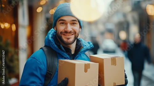 Smiling delivery man with winter city.