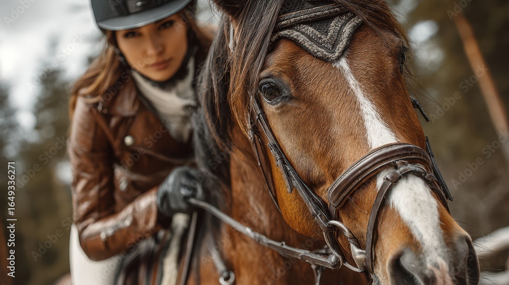 Fototapeta premium Equestrian rider in a brown jacket focused on horseback riding in a lush forest setting during daylight hours