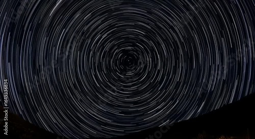 Long-exposure star trails creating circular light streaks in night sky, generative ai