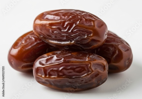 A pile of ripe dark brown medjool dates on a white background
