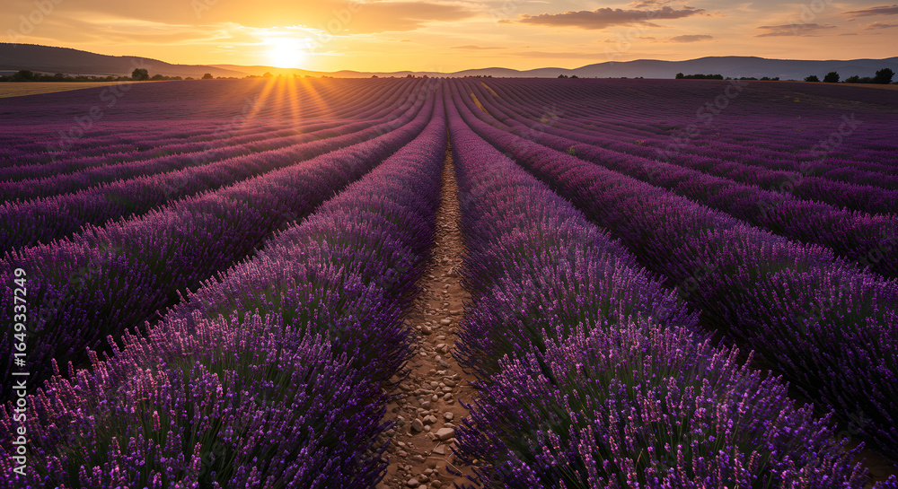 Naklejka premium Spectacular sunset over a fragrant purple lavender field, showcasing the serene beauty and harmony of a rural landscape.