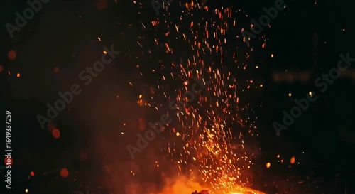 Glowing orange fire sparks on black background, high contrast, generative ai