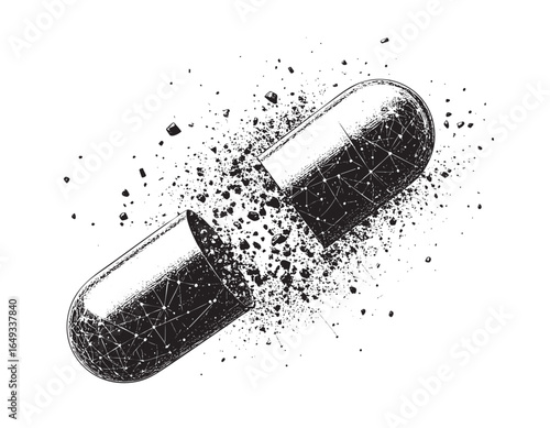 Exploding Pill Vector Illustration in Engraving Style on Transparent Background