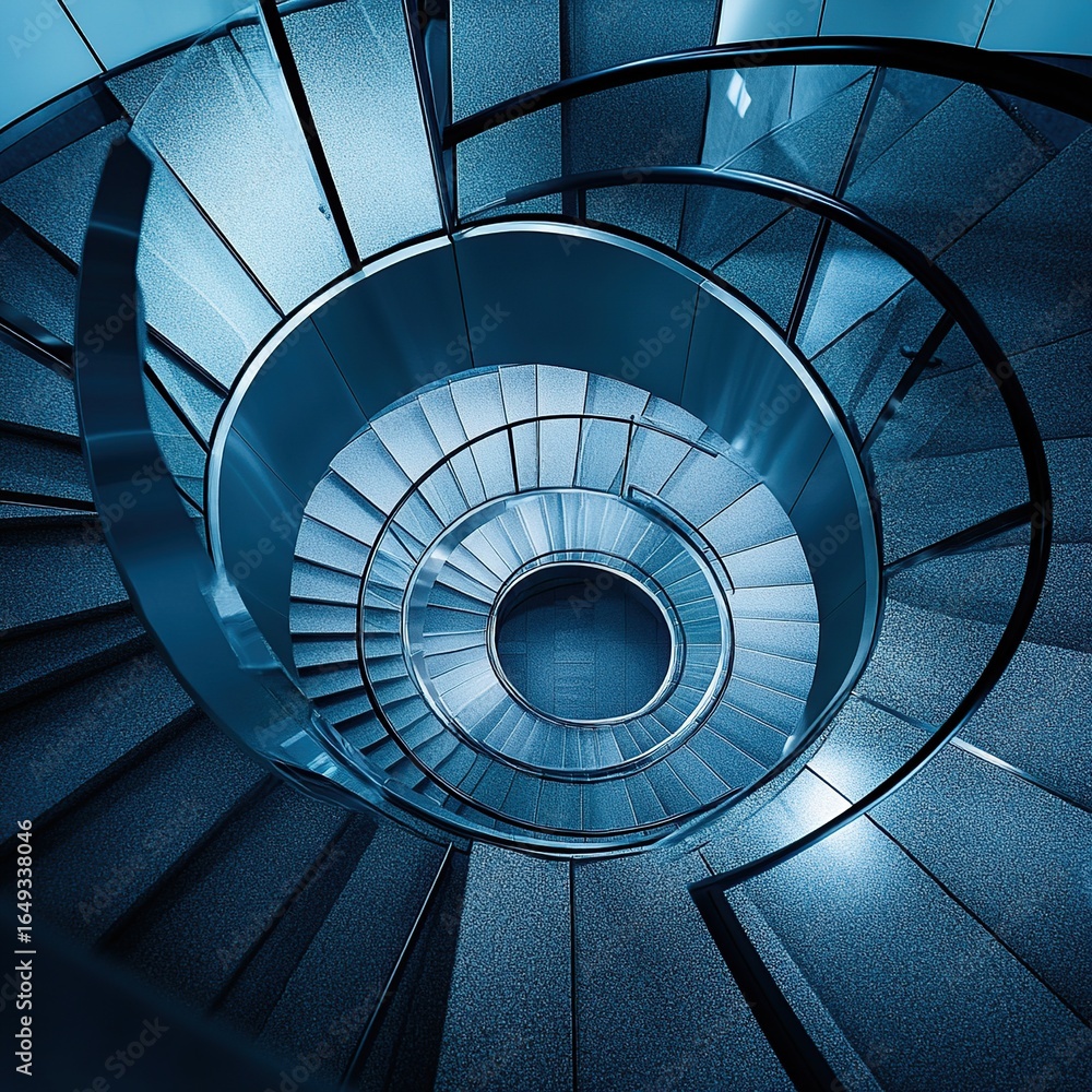 Fototapeta premium An aerial shot of a spiral staircase in a modern building, looking straight down to create a hypnotic geometric pattern.