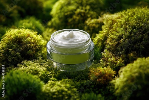 Creamy jar of moisturizer nestled in lush green moss