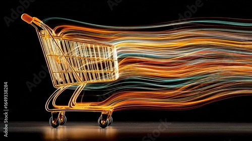 Golden shopping cart with streaking light trails