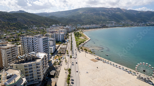 Aerial view of beautiful costal shore in Vlore, Albania