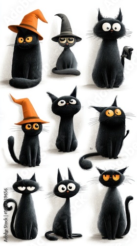 Black cats in various poses wearing whimsical hats during a playful gathering in a cozy setting