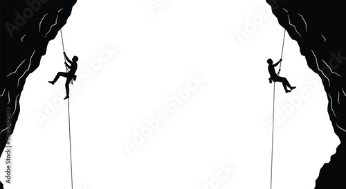 Rock climbers silhouette, extreme sport, mountain climbing adventure, cliff hanging, outdoor sports vector