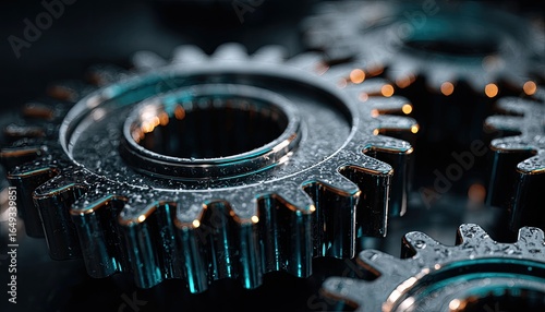 Close-up of intricate gears, metallic, dark