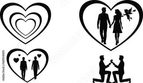Romantic couple heart silhouette vector set with love and wedding proposal