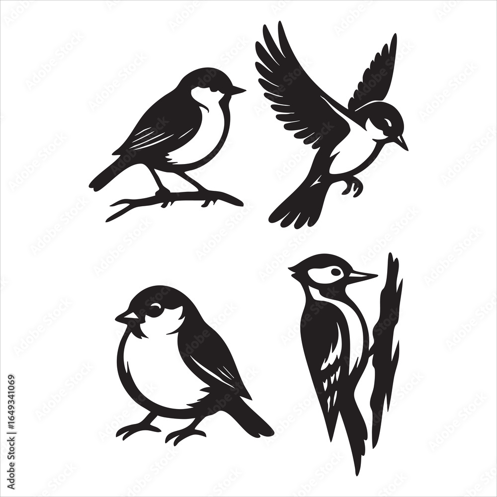 Fototapeta premium Black and white bird silhouette illustration set in varied poses ideal for nature-themed vector packs