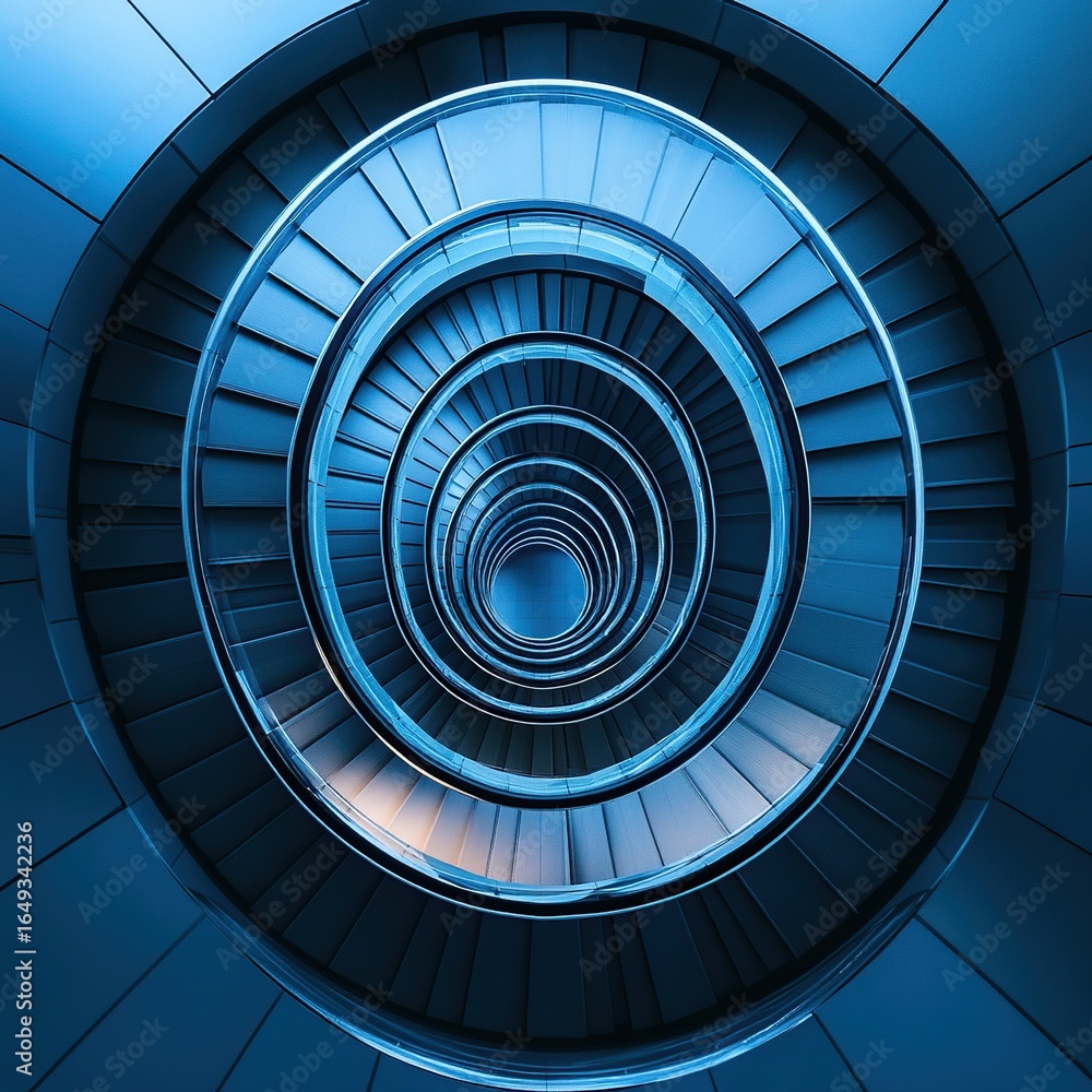 Fototapeta premium An aerial shot of a spiral staircase in a modern building, looking straight down to create a hypnotic geometric pattern.