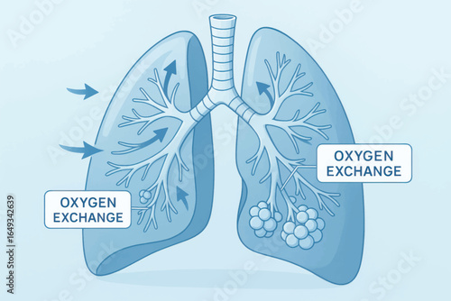 Vector medical infographic of human lungs showing oxygen exchange process. Blue monochromatic style with bronchial tree and alveoli details for healthcare and anatomy educatiok