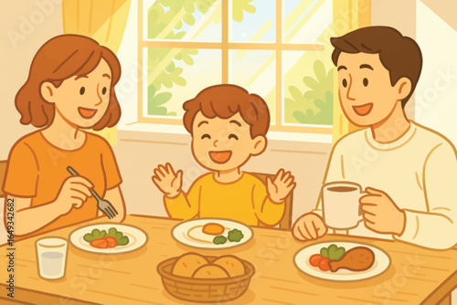 Vector cartoon illustration of a family eating healthy meal together at home. Flat colorful style with smiling parents and child enjoying breakfast or dinner in cozy interior.rtwork