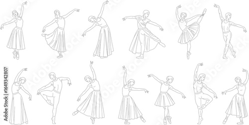 Ballerinas and Ballet Dancers in Various Poses on White Background