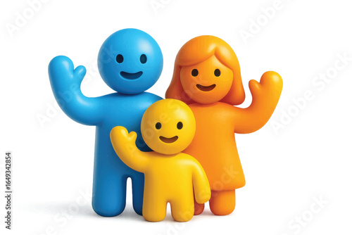 Vector 3D illustration of a happy cartoon family with three colorful smiling figures. Stylized characters in blue, orange, and yellow representing parents and child on white background. Friendly minim