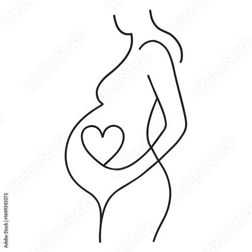 Minimalist line drawing of a pregnant woman with a heart inside, symbol of maternal love, no background. Suitable for use in projects related to motherhood, family, pregnancy.
